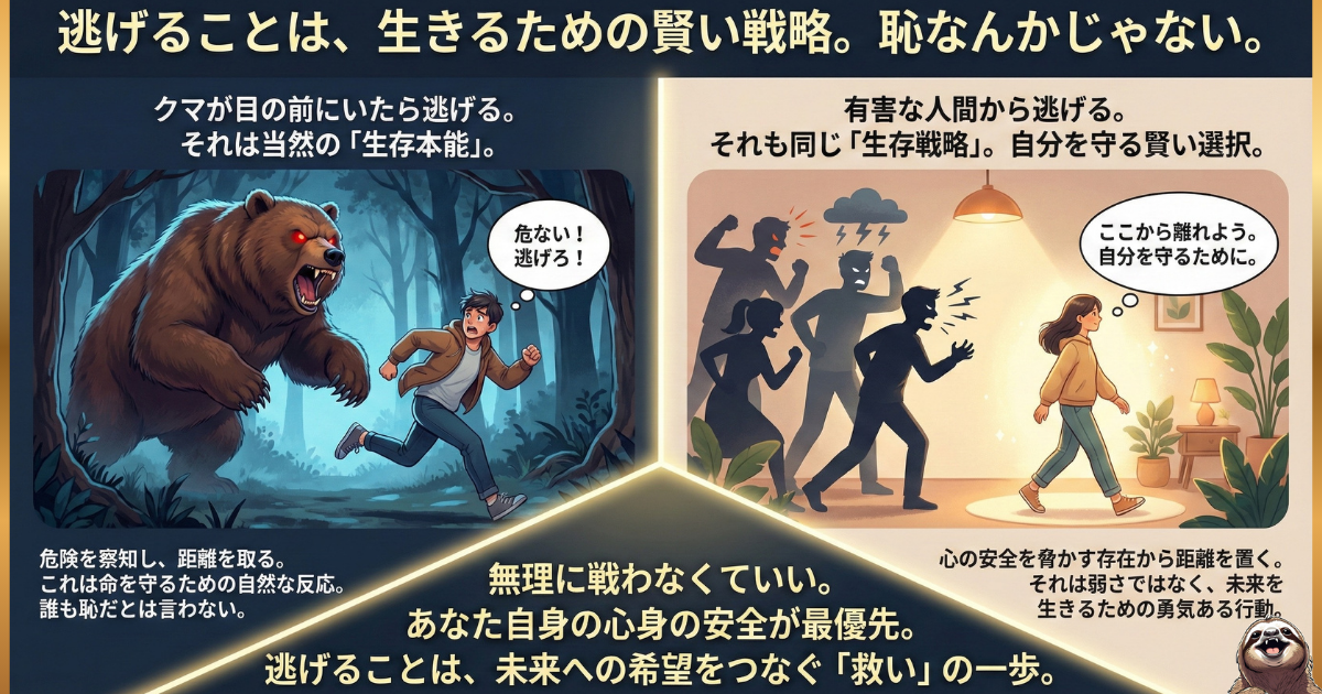 【図解】逃げることは恥ではなく「生存戦略」:熊から逃げるのが当然の「生存本能」であるように、有害な人間関係(精神的な危機)から距離を置くことも、自分を守るための「賢い選択」であることを比較解説したイラスト