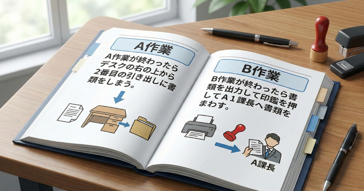 【図解】分かりやすい業務マニュアルの例：「A作業が終わったら右の上から2番目の引き出しにしまう」「B作業は印刷してハンコを押して課長へ」など、行動レベルまで具体的に言語化・イラスト化した作業手順書