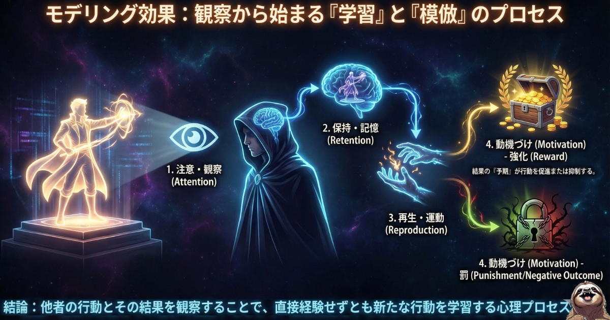 【図解】モデリング効果（観察学習）の4段階プロセス：他者の行動を「観察（注意）」し、脳内に「記憶（保持）」し、実際に「再現（運動）」し、その結果への期待によって「動機づけ（強化・罰）」されるまでの心理メカニズム