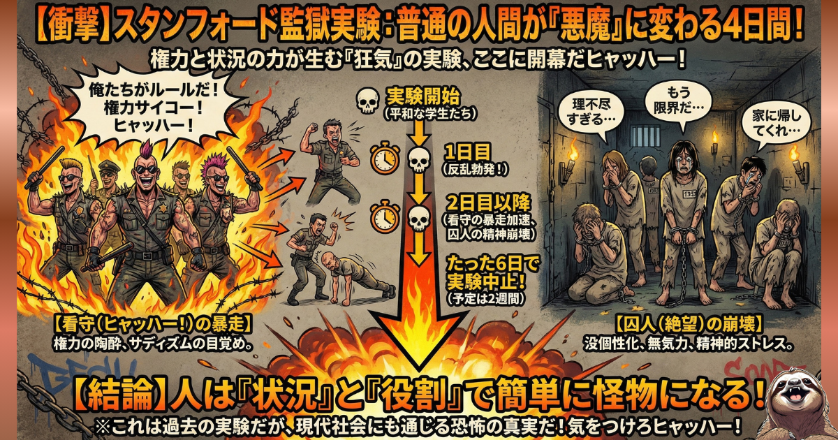 【図解】スタンフォード監獄実験の衝撃：普通の人間が「看守（権力者）」という役割を与えられただけで、サディスティックな「悪魔」に変貌し、「囚人（弱者）」を精神的に追い詰めてしまう心理メカニズムと実験の全貌