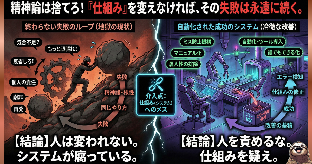 【図解】精神論からの脱却と「仕組み化」の重要性：「気合不足」「反省しろ」と個人を責めて失敗を繰り返す地獄のループ（左）と、マニュアル化やツール導入によって属人性を排除し、自動的に成功を生み出すシステムの構築（右）