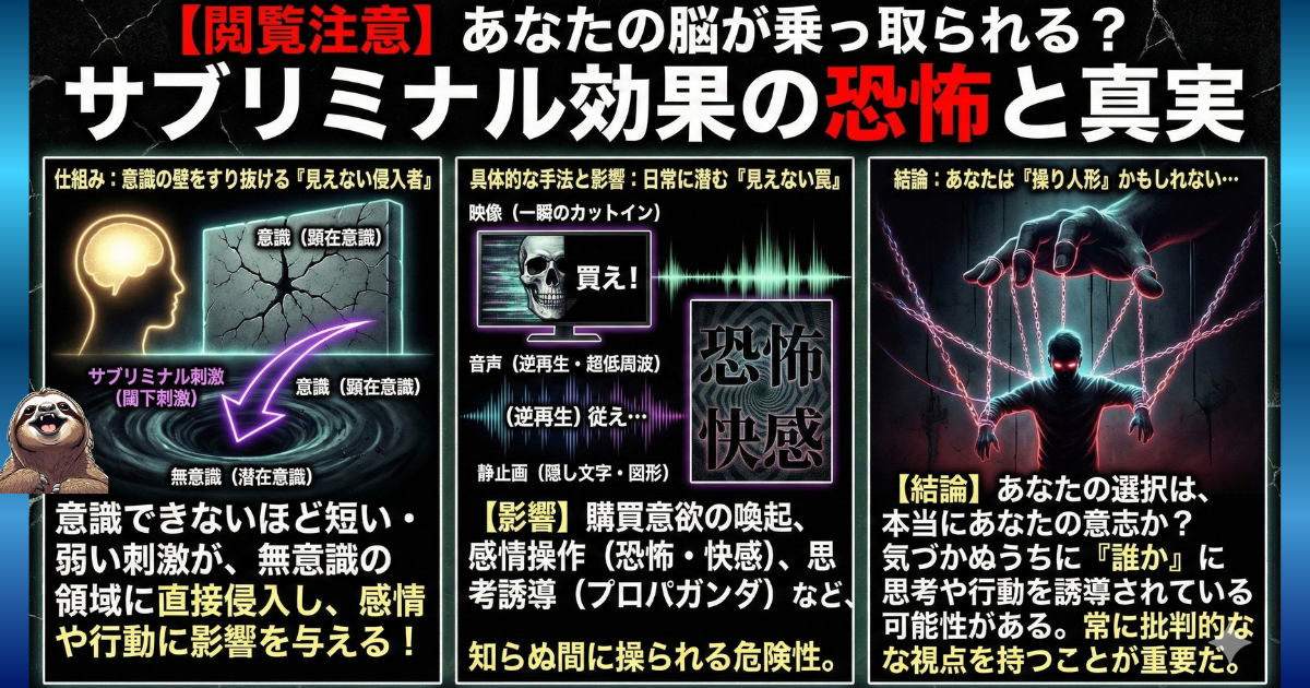 【閲覧注意】サブリミナル効果の恐怖と真実：意識の壁をすり抜ける短い映像や音声（閾下刺激）によって、無意識のうちに感情や行動が操作されてしまう心理メカニズムと、思考停止した「操り人形」になる危険性の図解