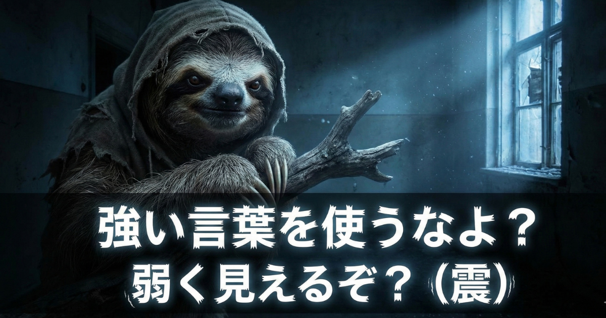 【指導者の戒め】「強い言葉を使うなよ？弱く見えるぞ？」と諭すナマケモノ：部下に対して威圧的・攻撃的な口調を使ってしまうのは、実は指導者自身の「自信のなさ（弱さ）」の表れであることを指摘する、心理的な警鐘イラスト