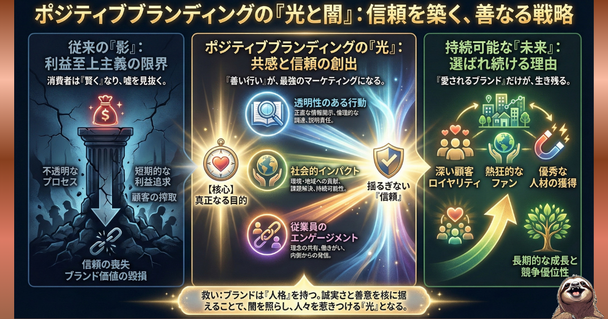 【図解】ポジティブブランディングの「光と闇」：利益や成果だけを追求し信頼を失う「従来の影（左）」と、誠実さ・透明性・貢献を核にして揺るぎない信頼と従業員のエンゲージメントを築く「善なる戦略（右）」の比較