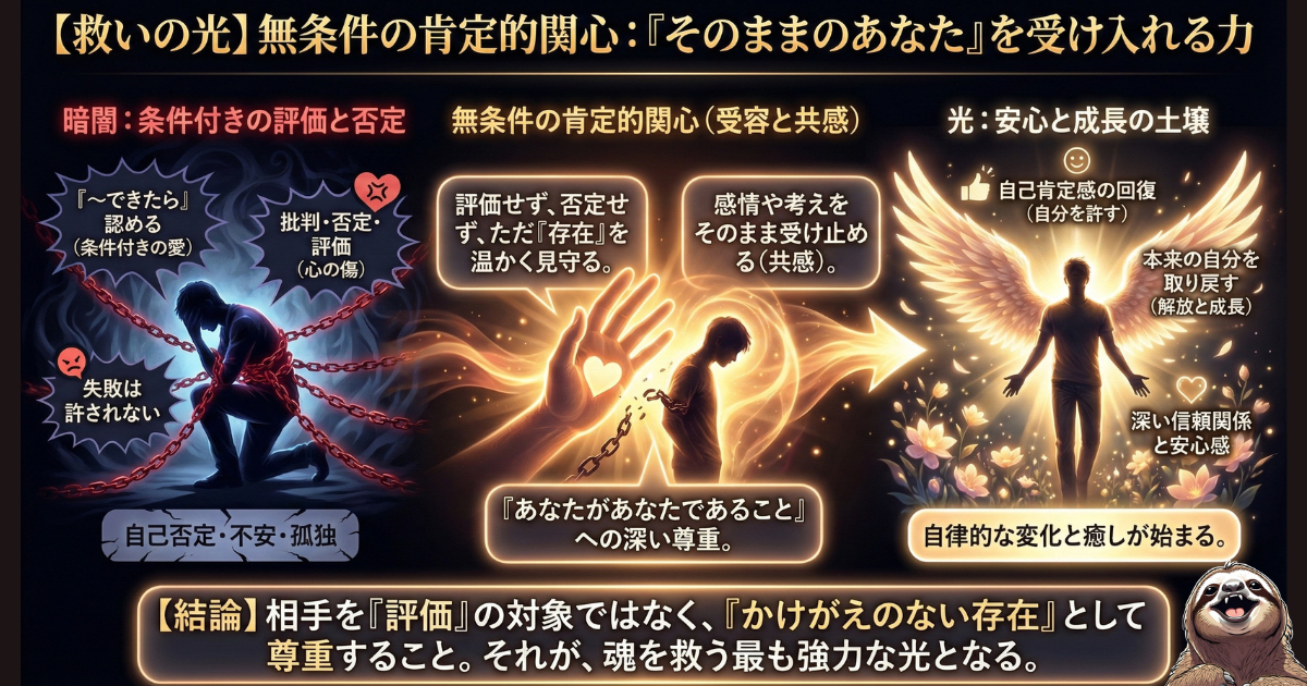 【図解】無条件的肯定的関心とは：「成果」や「能力」で判断する「条件付きの評価（左）」が人を萎縮させるのに対し、相手の「存在」そのものを尊重し受け入れる「無条件の肯定（中央）」が、深い安心感と自律的な成長（右）を促す心理学的メカニズム