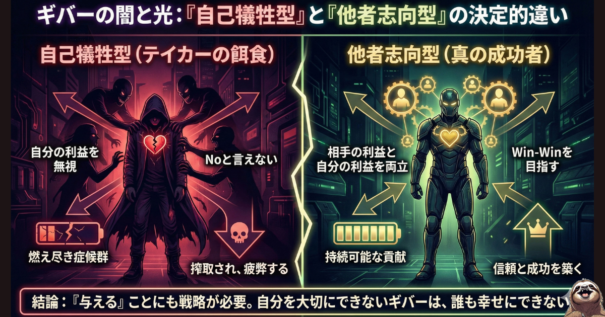 【図解】ギバー（与える人）の闇と光：自分の利益を無視してテイカーに搾取される「自己犠牲型（左）」と、自分と相手の利益を両立させWin-Winの関係を築く「他者志向型（右）」の違い。燃え尽きずに成功するための戦略的ギブの重要性