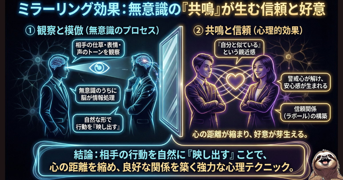 【図解】ミラーリング効果のメカニズム：相手の仕草、表情、声のトーンなどを自然に真似る（映し出す）ことで、脳が無意識に「自分と似ている」という親近感を抱き、警戒心を解いて深い信頼関係（ラポール）を築く心理学的手法