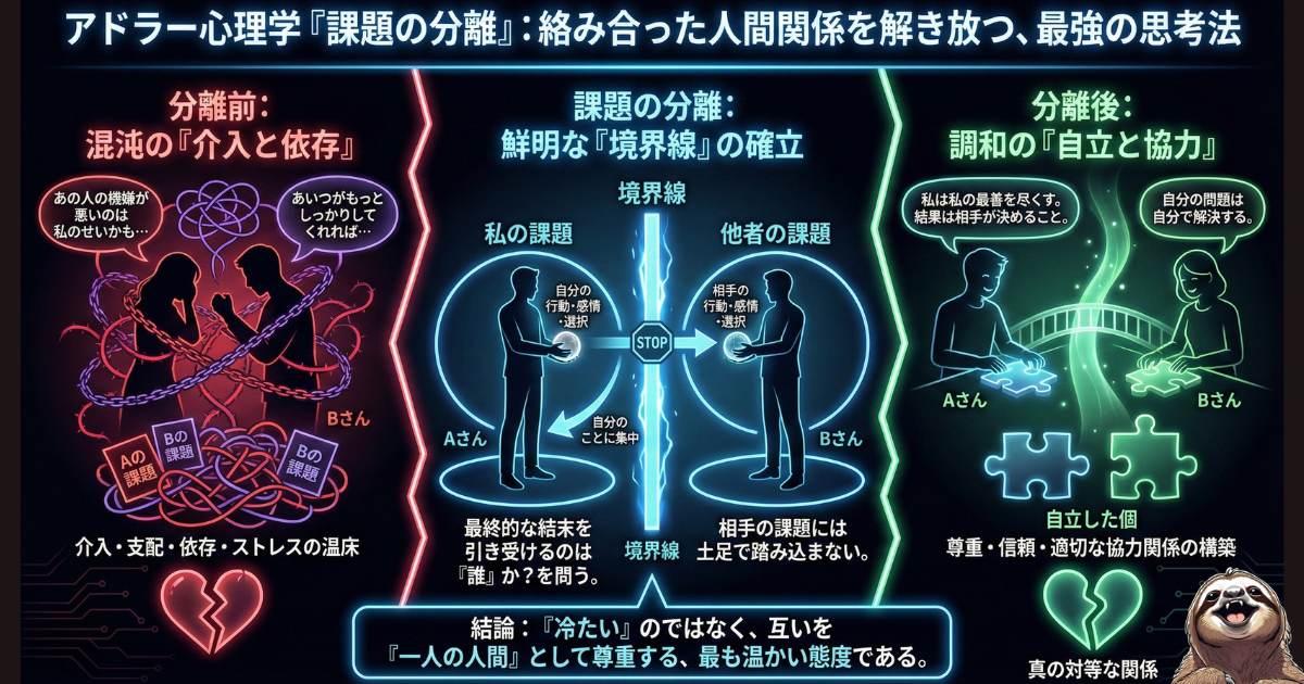 【図解】アドラー心理学「課題の分離」：相手の問題に介入しすぎて依存やストレスを生む状態（左）から、鮮明な境界線を引いて「誰の課題か」を区別し（中央）、互いを尊重し合う「自立と協力」の関係（右）へ移行する思考法