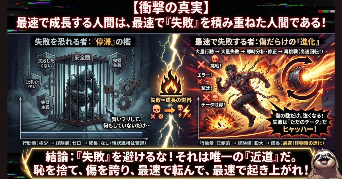 【図解】最速で成長する人の共通点：「失敗したくない」と安全圏に引きこもり停滞する完璧主義（左）と、恥を捨てて大量に失敗し、それを「データ」として修正・再挑戦することで最速で進化する人（右）の決定的な違い
