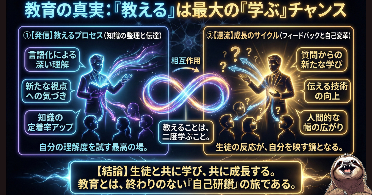 【図解】教育の真実「教えることは学ぶこと」：知識を言語化して伝える「発信プロセス（左）」と、部下からの質問や反応を受け取り自己変革につなげる「成長のサイクル（右）」が、無限の相互作用を生み出す仕組み
