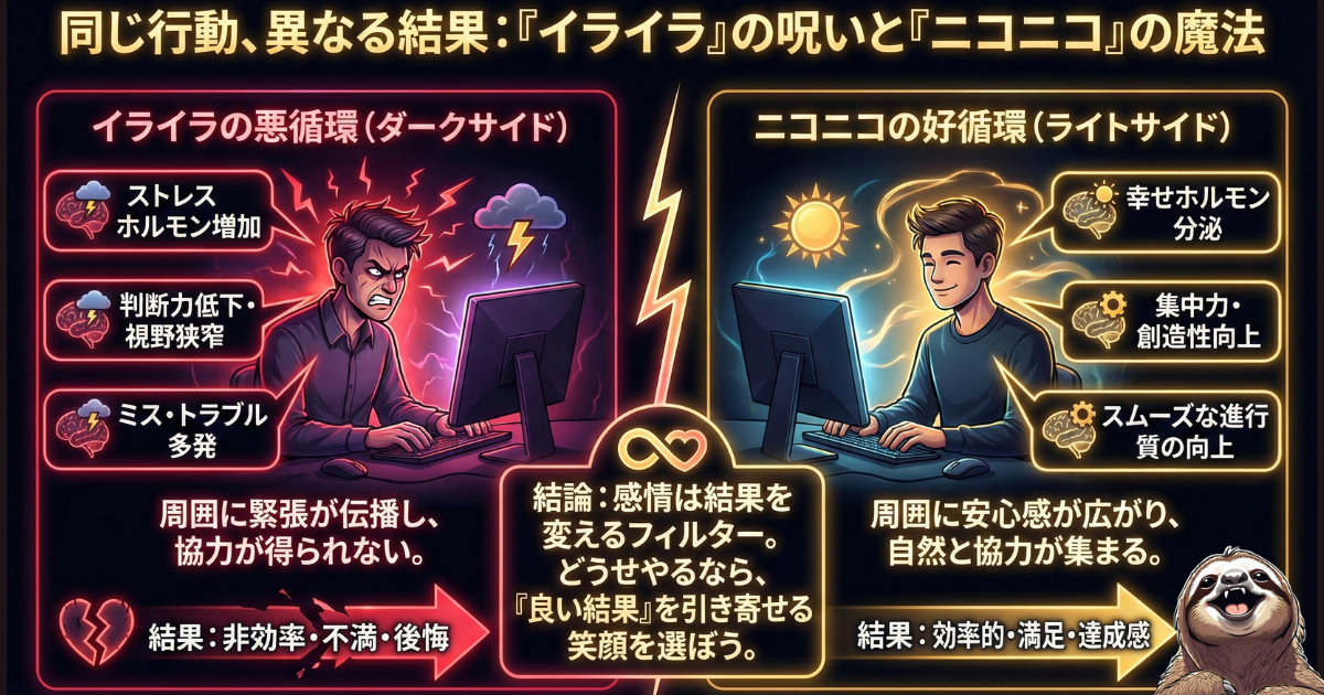 【図解】同じ行動でも結果が激変：イライラして作業すると判断力が低下しミスを招く「悪循環（左）」と、ニコニコして作業すると集中力と協力が高まり成功を引き寄せる「好循環（右）」の比較。感情管理が成果に与える影響