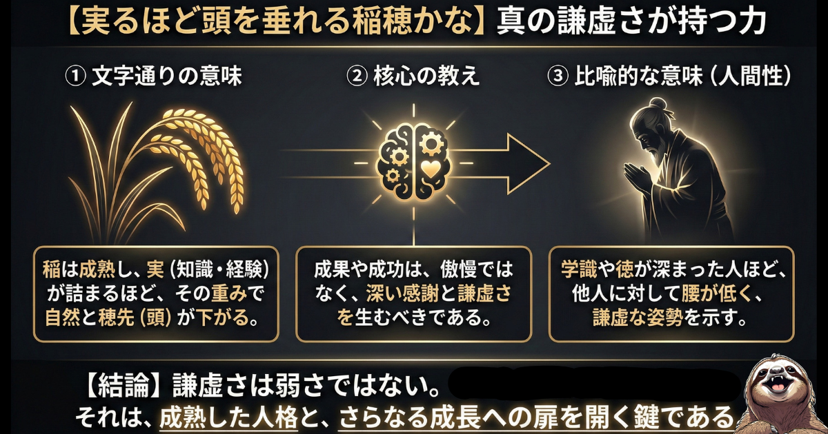 【図解】ことわざ「実るほど頭を垂れる稲穂かな」の真意：稲が成熟して実が詰まるほど穂先が下がるように、人間も学識や徳が深まるほど、傲慢さを捨てて他人に対して謙虚になる（頭を下げる）という、真の強さと成熟の法則