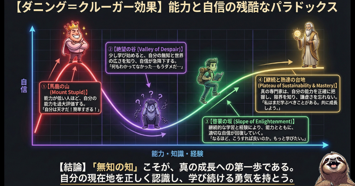 【図解】ダニング＝クルーガー効果（能力と自信のパラドックス）：能力が低い人ほど自分を過大評価して「馬鹿の山」で自信満々になり、学ぶほどに無知を知って「絶望の谷」へ落ち、やがて「継続と熟達の台地」で真の自信と謙虚さを得る心理プロセス
