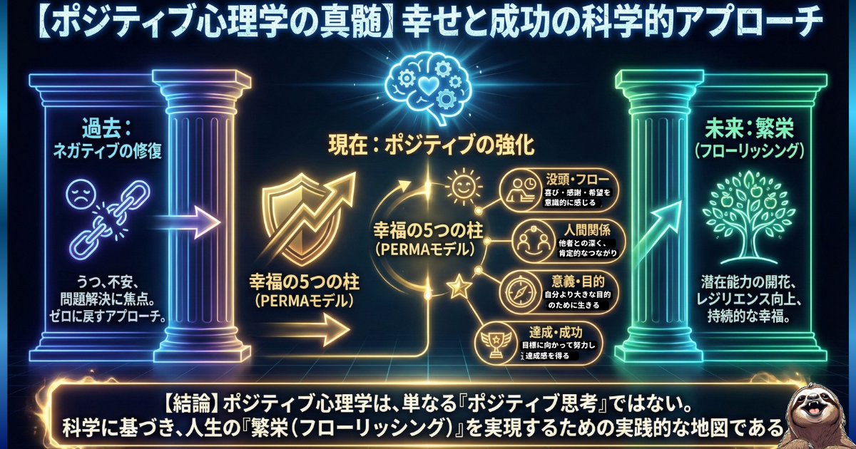 【図解】ポジティブ心理学の真髄とPERMA（パーマ）モデル：マイナスをゼロにする「ネガティブの修復（左）」から、強みや没頭（フロー）を強化し人生の「繁栄（フローリッシング）」を目指す「科学的アプローチ（右）」への転換。才能開花と持続的な幸福のメカニズム