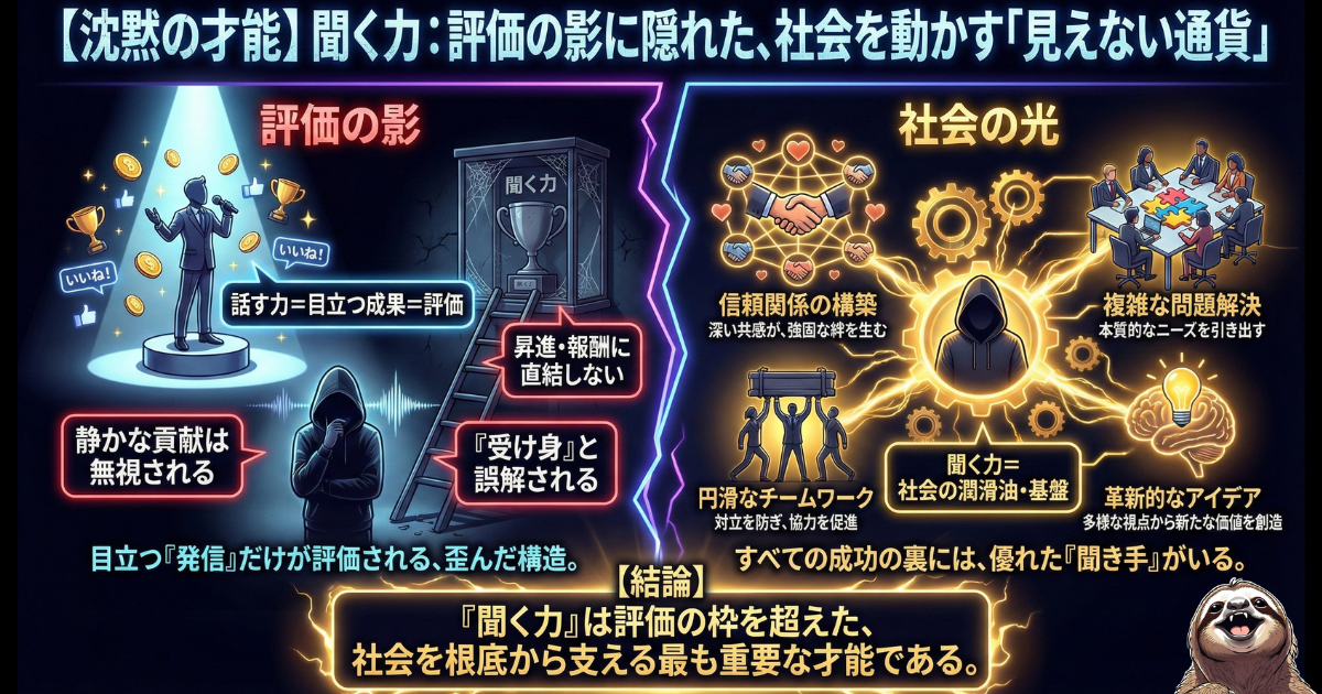 【図解】沈黙の才能「聞く力」の真価：目立つ「発信（話す力）」ばかりが評価される歪んだ構造（左）に対し、実は「聞く力」こそが信頼構築、問題解決、チームワークを支える「社会の潤滑油」であり、成功の基盤であることを示す比較図