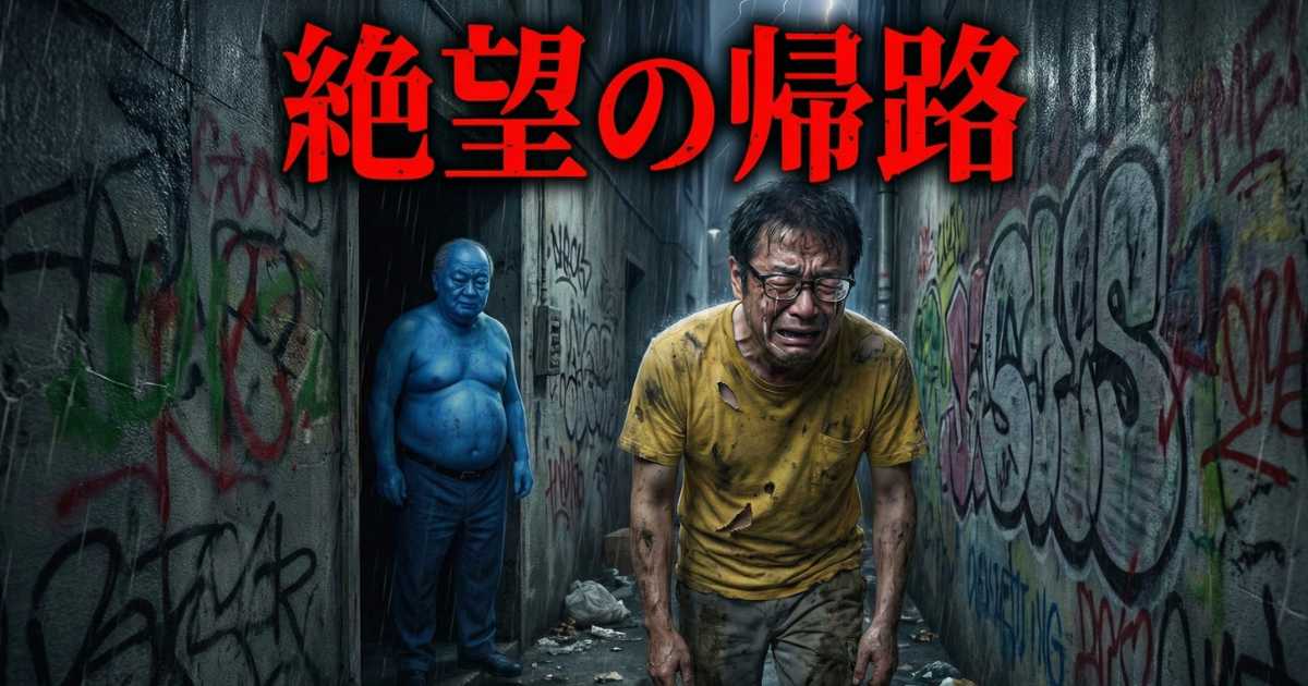 【絶望の帰路】「才能がない」と自分を諦めた末路：雨の降る路地裏で、泥だらけになり泣きながら歩く中年男性（挫折したのび太）と、背後で見守る青い肌の老人（ドラえもんのメタファー）。人生のどん底と孤独を描いたイメージ