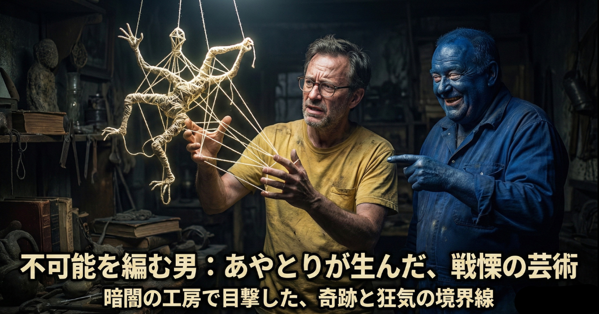【才能の覚醒】不可能を編む男：一見役に立たない特技（あやとり）を極限まで突き詰め、「戦慄の芸術」へと昇華させた男の姿。狂気と紙一重の没頭力が生み出す奇跡と、それを誇らしげに紹介する青い老人（ドラえもん）のイメージ