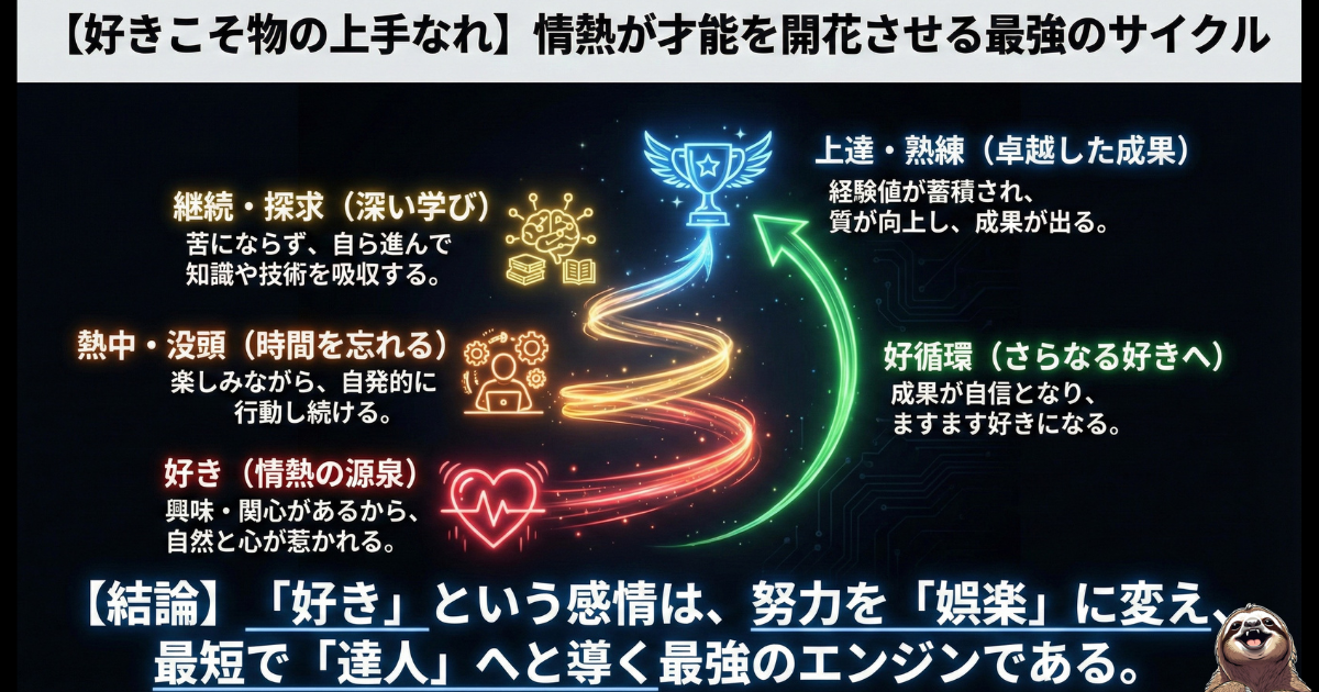 【図解】好きこそ物の上手なれ（才能開花のメカニズム）：「好き（情熱）」が「熱中・没頭」と「継続・探求」を自然に生み出し、最短で「上達・熟練」へと導く最強のサイクル。「努力」を「娯楽」に変えることで卓越した成果を出す心理プロセス
