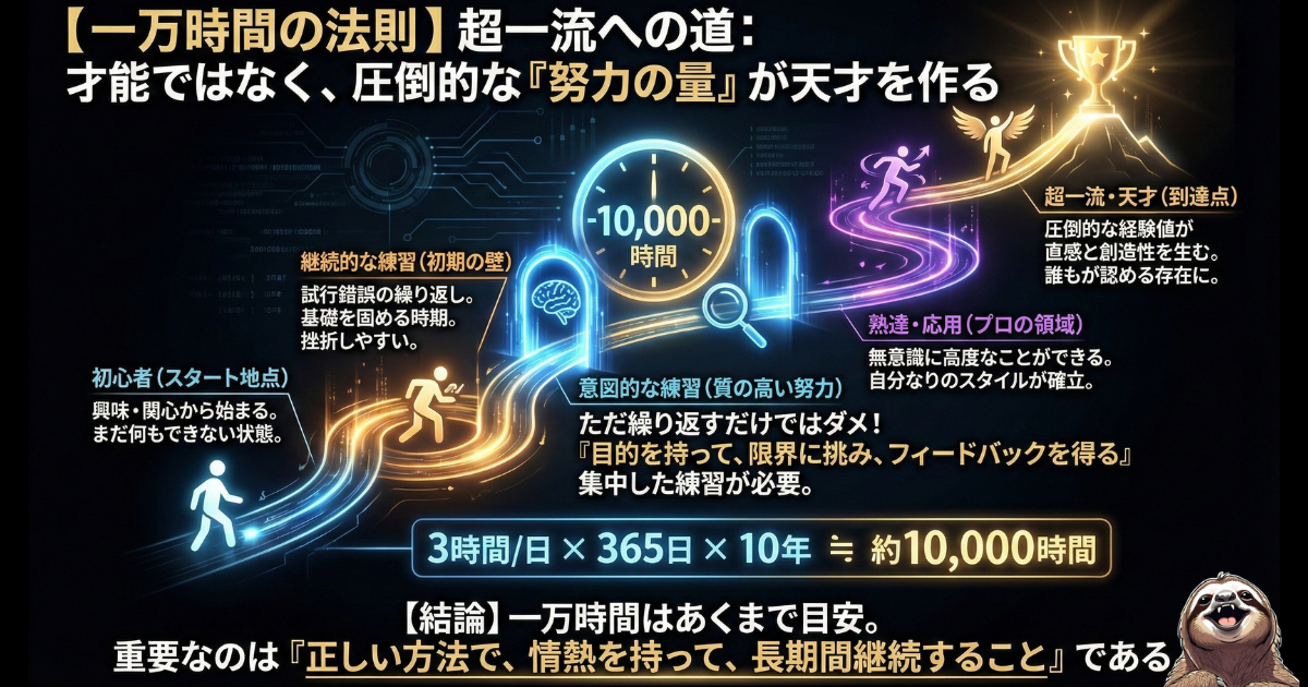 【図解】一万時間の法則（超一流への道）：天才は才能ではなく「圧倒的な努力の量」で作られることを示す成長ロードマップ。「意図的な練習」を1日3時間×10年（約10,000時間）継続することで、誰でも熟達の領域（プロ）へ到達できるメカニズム