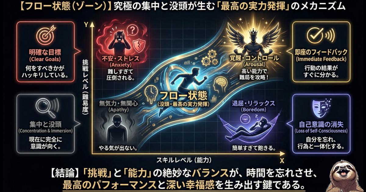 【図解】フロー状態（ゾーン）のメカニズム：「挑戦レベル（難易度）」と「スキルレベル（能力）」が絶妙にバランスした時に訪れる、究極の集中と没頭の状態。不安や退屈を超え、自己意識を忘れて最高のパフォーマンスを発揮する心理条件