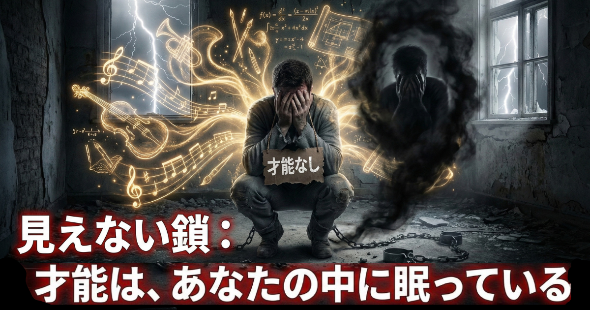 【イメージ】才能がないという思い込み（見えない鎖）：「才能なし」の札をかけられ自己否定に苦しむ男性。しかしその背後では、音楽、芸術、学問などの「潜在能力」が黄金の光となって溢れ出しており、才能はすでに自分の中に眠っていることを示す図