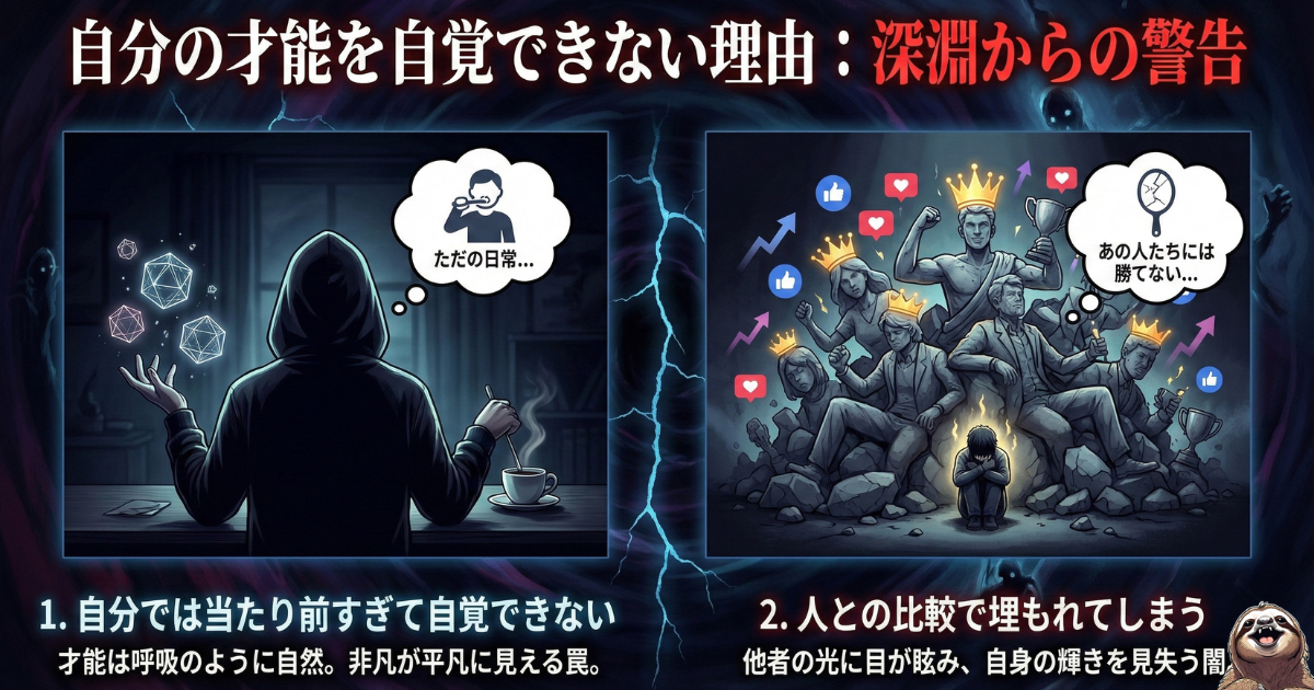 【図解】自分の才能を自覚できない2つの理由：息をするように簡単にできるため「非凡」だと気づかない罠（左）と、SNSなどで圧倒的な成功者と自分を比較して自己否定に陥る闇（右）。才能が見つからない原因を分析したイメージ