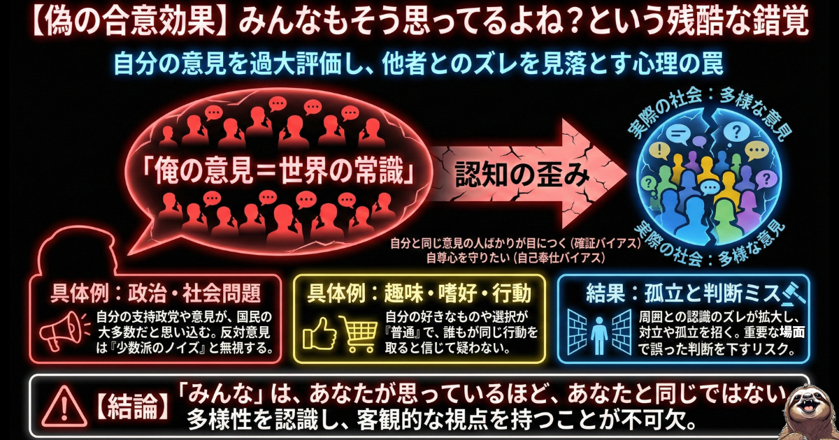 【図解】偽の合意効果と才能の見落とし：「自分が簡単にできることは、他人もできるはず（俺の常識＝世界の常識）」と錯覚し、実際の社会の多様性とのズレを見落としてしまう認知バイアスのメカニズム。自分の才能を過小評価してしまう心理の罠