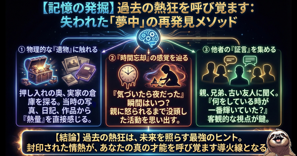【図解】才能を見つける「記憶の発掘」3つのメソッド：①物理的な思い出の品（遺物）に触れる、②時間を忘れて没頭した過去の体験を辿る、③親や友人に客観的な「証言」を聞く。失われた「夢中」を再発見し、隠れた才能を呼び覚ます具体的な方法