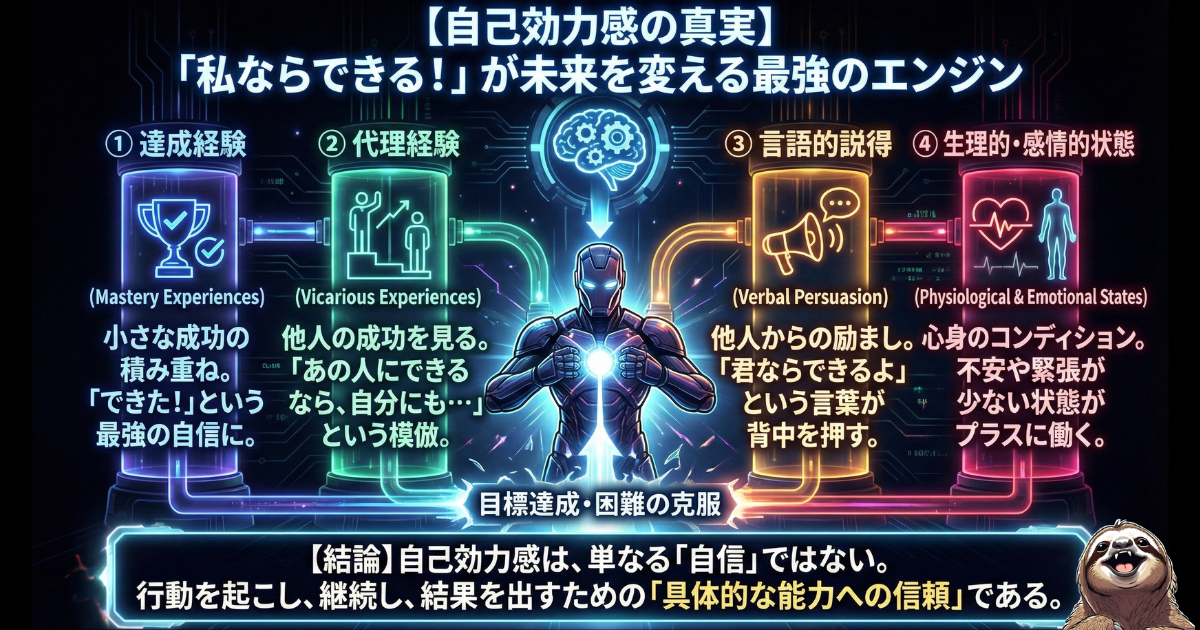 【図解】自己効力感（セルフ・エフィカシー）を高める4つの要素：「私ならできる」という確信を生み出す①達成経験（成功体験）、②代理経験（モデリング）、③言語的説得（励まし）、④生理的・感情的状態（心身調整）。行動を起こし結果を出すための「心のエンジン」の仕組み