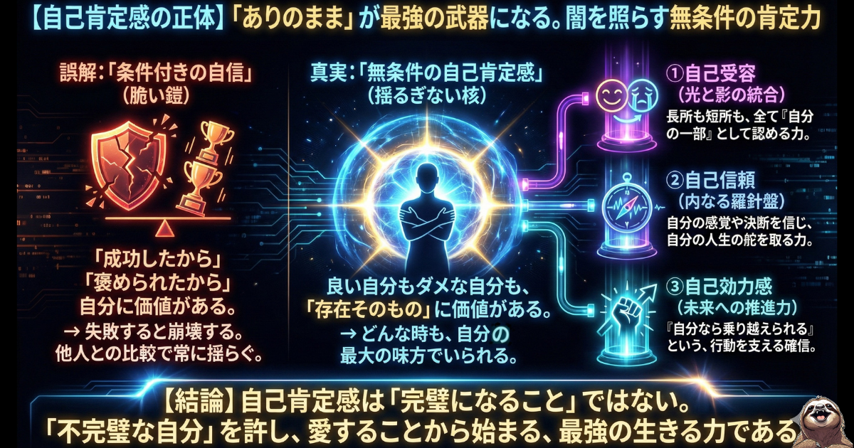 【図解】自己肯定感の正体と条件付きの自信との違い：「成功したから価値がある」という脆い自信（左）に対し、長所も短所も含めて「ありのままの自分」を認める「無条件の自己肯定感（右）」こそが、失敗に揺らがない最強の生きる力であることを示す比較図
