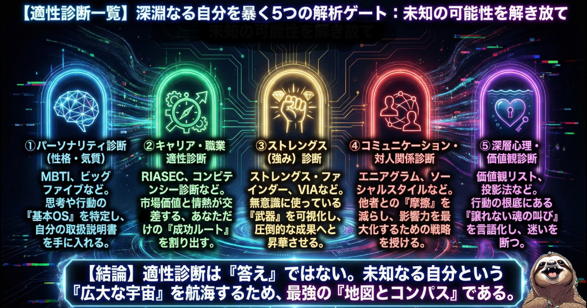 【図解】適性診断一覧（自分を知る5つの解析ゲート）：性格（MBTI等）、キャリア（RIASEC等）、強み（ストレングス・ファインダー等）、対人関係（エニアグラム等）、深層心理（価値観リスト等）の5つの視点から、未知の可能性と「自分の取扱説明書」を手に入れるためのツールガイド