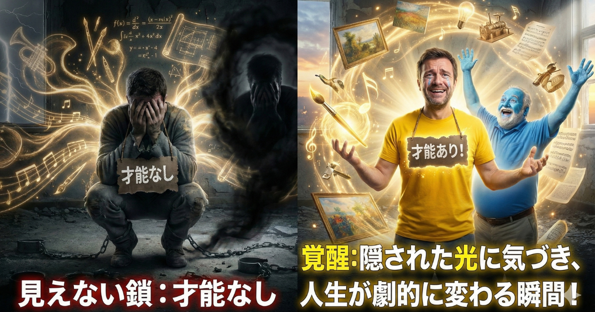 【才能の覚醒】「才能なし」という思い込み（鎖）からの解放：「見えない鎖」に縛られ絶望していた男性が、自分の隠れた可能性に気づき「才能あり！」と覚醒する劇的なビフォーアフター。青い老人（メンター）と共に喜びを分かち合う、人生好転のイメージ