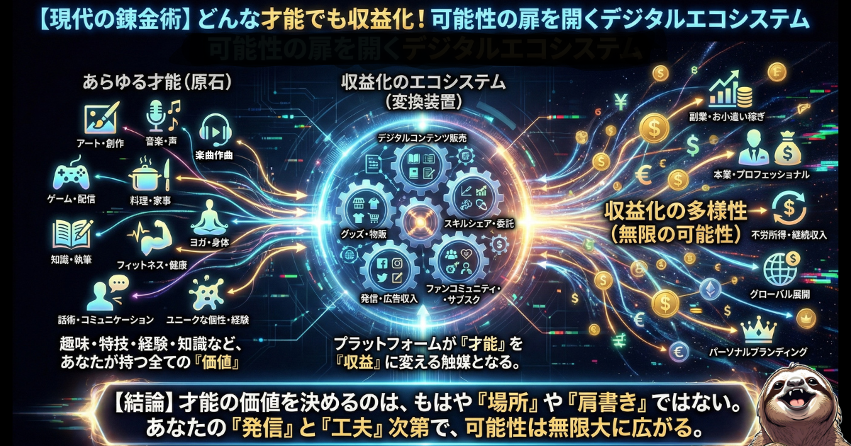 【図解】どんな才能でも収益化できる「現代の錬金術」：趣味や特技などの「原石（左）」を、SNSやスキルシェアなどの「デジタルエコシステム（中央）」を通すことで、副業から事業展開までの「多様な収益（右）」に変換できるクリエイターエコノミーの仕組み
