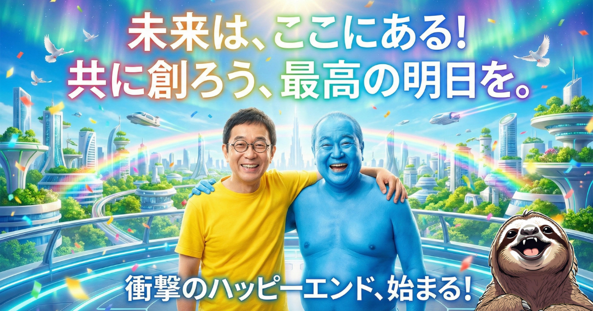 【才能開花のハッピーエンド】最高の未来を共に創る：自己否定の鎖を断ち切り、自分の才能（強み）を見つけて活かした先に待っている「希望に満ちた明日」。黄色いシャツの男性と青いメンターが笑顔で肩を組む、自己実現と成功のイメージ