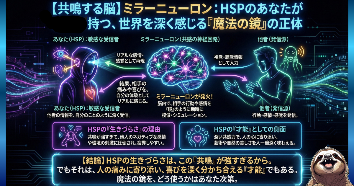 【図解】HSPの共感力の正体「ミラーニューロン」：他人の感情や行動を脳内で「鏡（ミラー）」のように模倣・シミュレーションする神経回路の働き。繊細さんが職場で他人のネガティブな感情に引っ張られて疲労する理由と、それが深い共感力という「才能」であることを示す脳科学的メカニズム