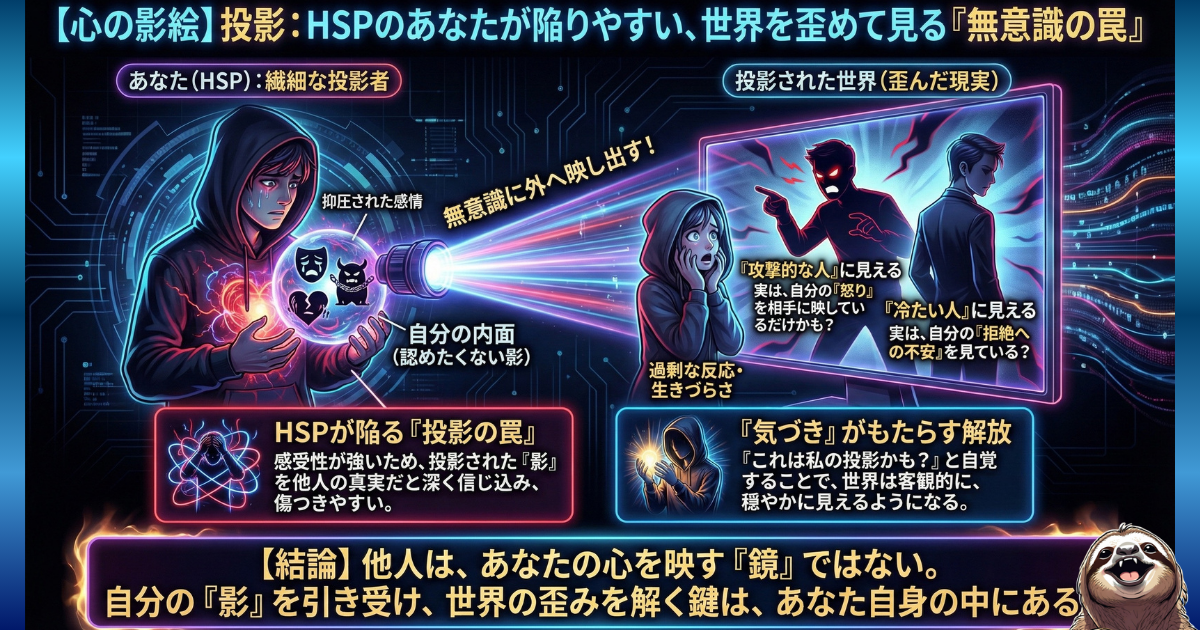 【図解】HSPが陥りやすい「投影」の罠：自分の抑圧された感情や不安（影）を無意識に他人に映し出し、「攻撃的な人」「冷たい人」と歪めて認識してしまう心理メカニズム。職場の人間関係で過剰に傷つき、疲弊してしまう理由と、客観的な「気づき」による解決策を示した図