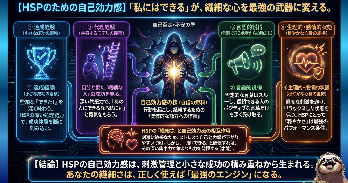 【図解】HSPのための自己効力感：繊細な心を最強の武器に変えるメカニズム。HSPの深い処理能力や共感力を活かし、「小さな成功体験」「モデルの観察」「ポジティブな言葉の受容」「穏やかな心身の維持」の4つの情報源から「私にはできる」という確信（最強のエンジン）を育てる方法