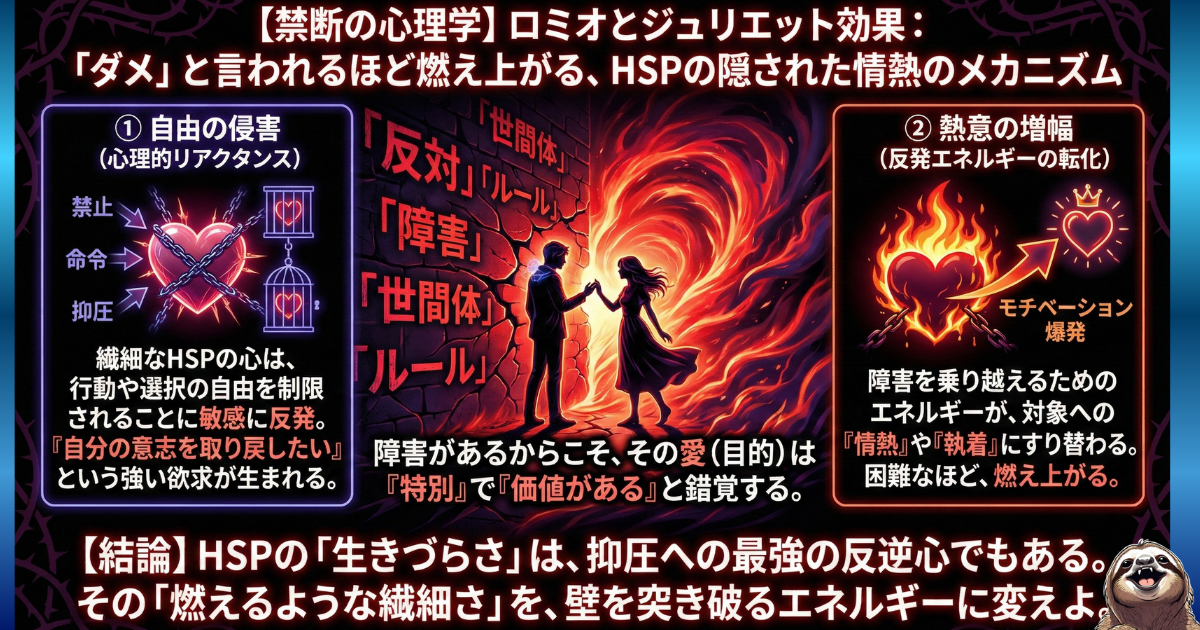 【図解】HSPとロミオとジュリエット効果（心理的リアクタンス）：「ダメ」と制限されるほど自由を取り戻したくなる心理メカニズム。職場のルールや世間体の壁（抑圧）が、HSP特有の繊細さを「燃えるような反逆心と情熱」へと変え、障害を突き破る強大なエネルギーになることを示した図