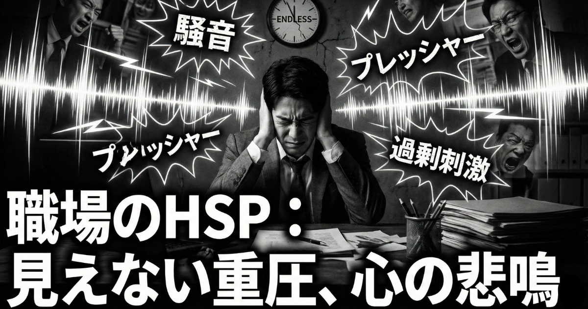 【職場のHSP】過剰刺激によるストレスと心の悲鳴：HSP（繊細さん）が職場で感じる、周囲の騒音、人間関係のプレッシャー、怒声などの「見えない重圧」を視覚化したイメージ。非HSPには分からない過酷な環境ノイズに苦しむ姿