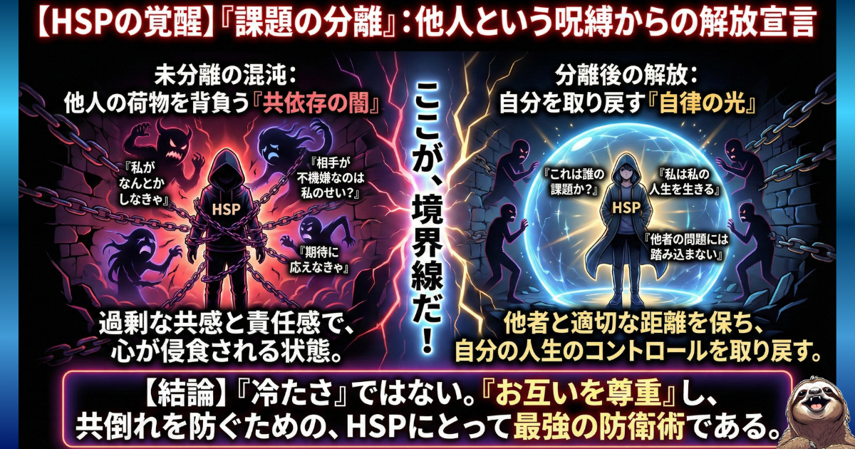 【図解】HSPの境界線戦略「課題の分離」：他人の機嫌や期待を背負い込む「共依存の闇（左）」から抜け出し、自分と他者の課題を切り分けることで「自律の光（右）」を取り戻すプロセス。職場の人間関係で疲れないための、アドラー心理学に基づく最強の防衛術
