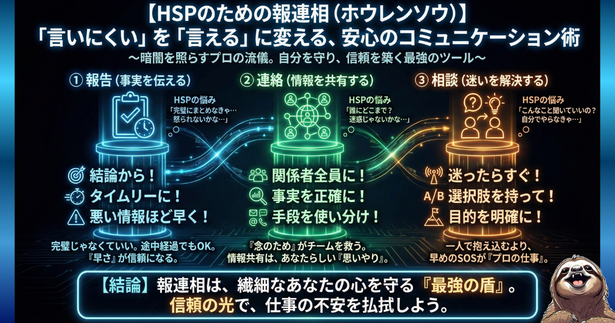 【図解】HSPのための報連相（ホウレンソウ）：職場で「話しかけるのが怖い」「迷惑かもしれない」と悩みがちな繊細さんが、報告・連絡・相談をスムーズに行うための具体的なコツ（結論から伝える、迷ったらすぐ相談など）。自分を守る「最強の盾」としてのコミュニケーション術