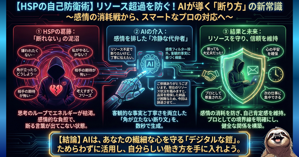 【図解】HSPのための自己防衛術「AIを活用したスマートな断り方」：職場で仕事を断れずに疲弊する繊細さんが、AI（ChatGPTなど）を「冷静な代弁者」として使うことで、感情の消耗を防ぎ、角が立たない丁寧な断り文を生成し、自分のリソースと境界線を守るプロセス