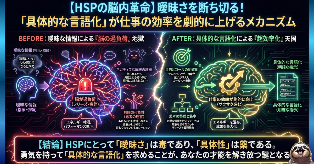 【図解】HSPの脳内革命：職場で「適当に」「いい感じで」といった曖昧な指示を受けると、過剰に思考し脳がフリーズしてしまうHSP（左）が、「具体的な言語化（期限や目的の明確化）」によって迷いをなくし、劇的に仕事の効率を上げるメカニズム（右）