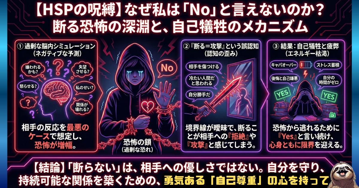 【図解】HSPが「No」と言えない理由と自己犠牲のメカニズム：過剰な脳内シミュレーションや「断ることは相手への攻撃」という認知の歪みによって恐怖の鎖に縛られ、YESと言い続けて疲弊してしまう繊細さんの心理構造と、自己尊重の重要性を解説した図