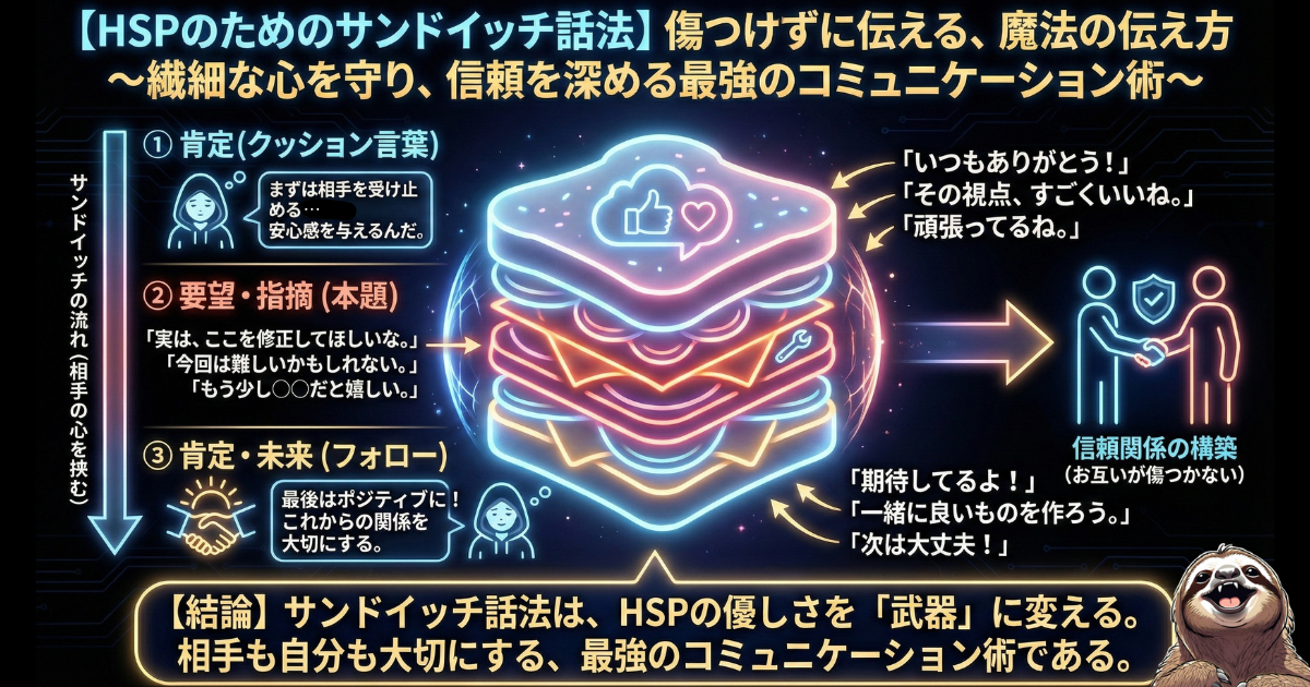 【図解】HSPのためのサンドイッチ話法：相手を傷つけるのが怖くて要望や指摘を言えない繊細さんが、①肯定（クッション）、②本題（要望）、③肯定（フォロー）の順で伝えることで、相手も自分も大切にしながら信頼関係を築く最強のコミュニケーション術