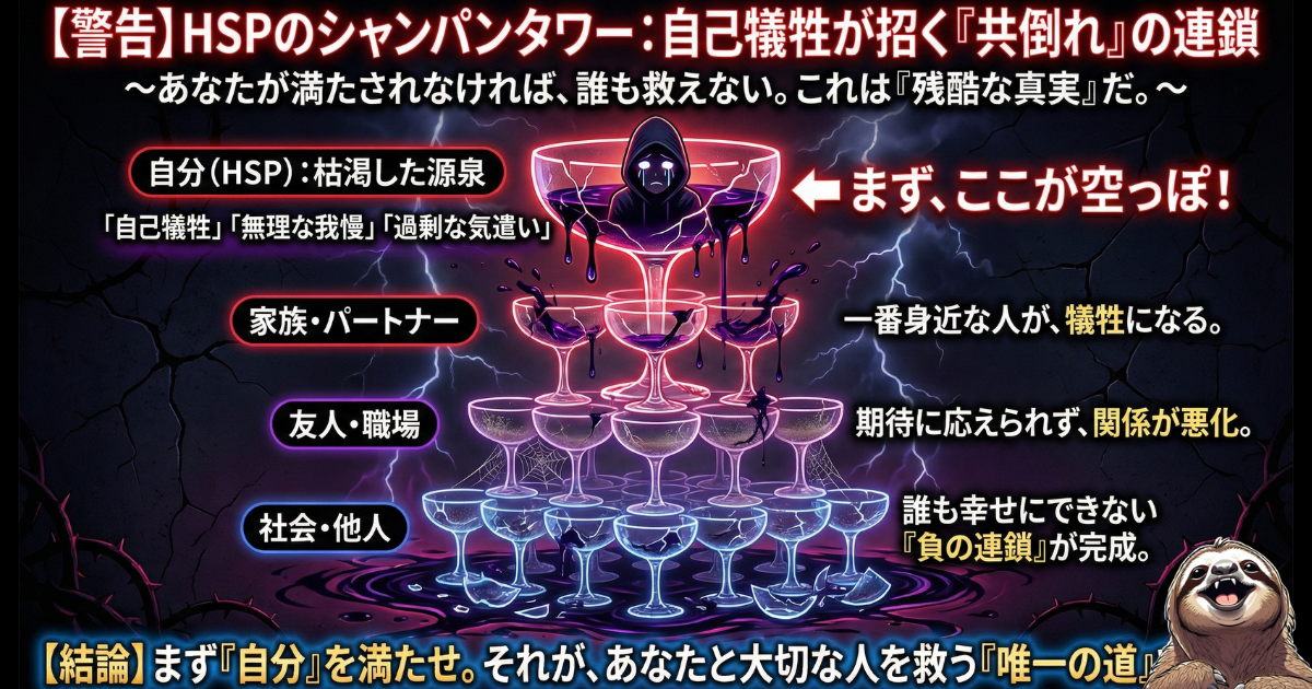 【図解】HSPのシャンパンタワー（自己犠牲の罠）：「私が我慢すれば」と自分（一番上のグラス）を枯渇させると、家族や職場（下のグラス）まで負の連鎖で共倒れになる残酷な真実。境界線を引いて「まず自分を満たす」ことこそが周囲を救う唯一の道であることを示した図