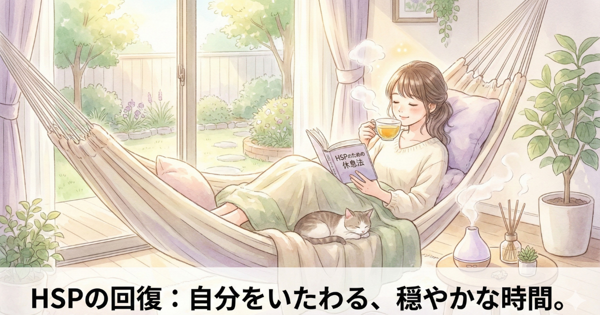 HSPの休息法】自分をいたわる穏やかな時間：職場の過剰な刺激で疲弊しやすい繊細さんが、休日にハンモックで読書やティータイムを楽しみ、心身のエネルギーを回復（チャージ）させるセルフケアのイメージ。境界線の内側で「自分のグラス」を満たす重要性を表現