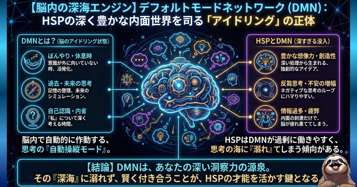 【図解】HSPとデフォルトモードネットワーク（DMN）：休息時にも脳が活発に動き、過去の反省や未来の不安を巡らせてしまう「ぐるぐる思考（反芻思考）」のメカニズム。それが脳の疲労を招く一方で、HSP特有の深い洞察力や豊かな創造性の源泉（深海エンジン）でもあることを解説した図