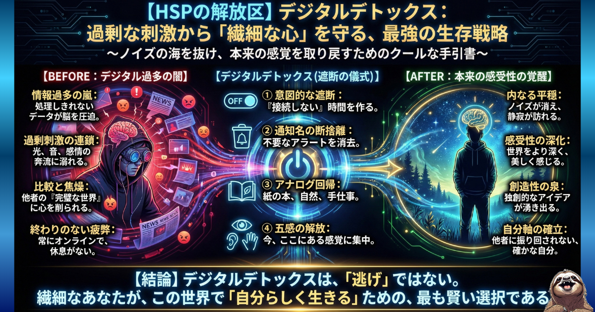 【図解】HSPとデジタルデトックス：情報過多やSNSの比較で脳がフリーズする「デジタル過多の闇（左）」から、通知の断捨離やアナログ回帰などの「遮断の儀式（中央）」を経て、HSP本来の豊かな感受性や創造性を取り戻す「覚醒（右）」へのプロセスを描いた図