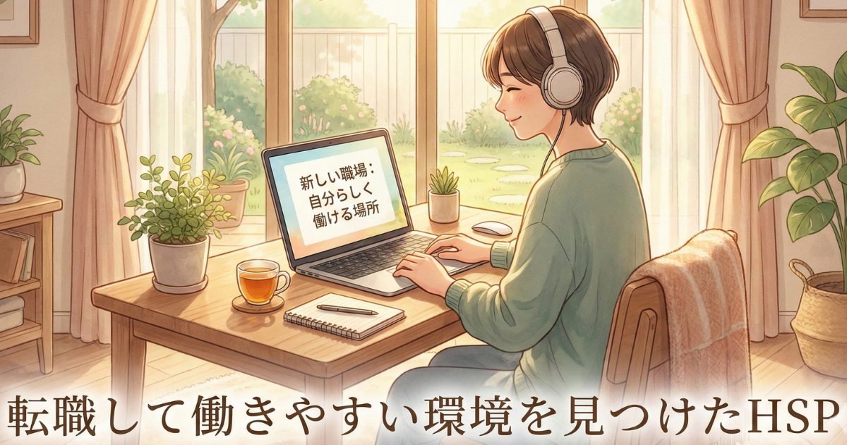 【HSPと転職】働きやすい環境を見つけ、自分らしく働く：どうしても今の職場が合わない繊細さんが、転職やリモートワークなど「自分のペースで穏やかに働ける新しい環境」を手に入れ、ヘッドホンをしてリラックスした笑顔で仕事に向かう未来のイメージ